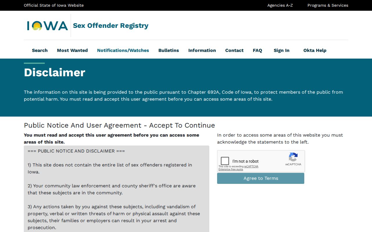 Kossuth County sex offender search on the official Iowa registry form